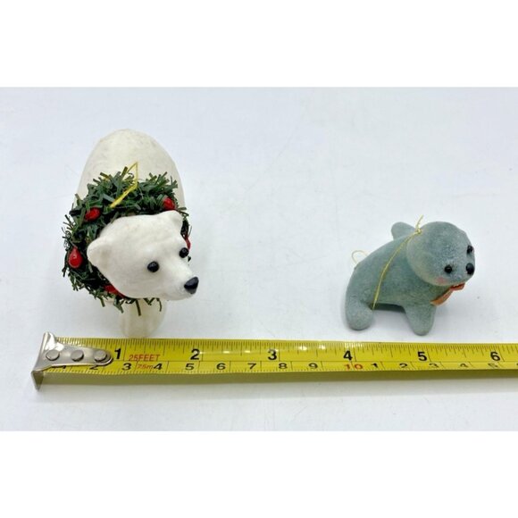 2 Fuzzy Christmas Ornaments Seal & Polar Bear Flocked Holiday Decor Kitsch Retro - Picture 11 of 12